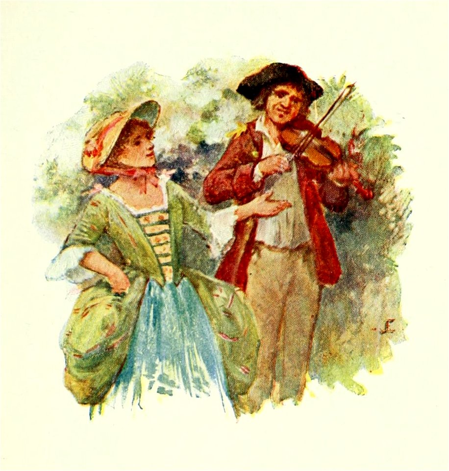 Illustration of couple, man playing a fiddle, by John Eyre R.B.A., R.I