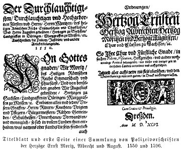 Illustrierte Geschichte d. sächs. Lande Bd. II Abt. 1 - 150 - Titelblatt und erste Seite einer Sammlung von Polizeivorschriften
