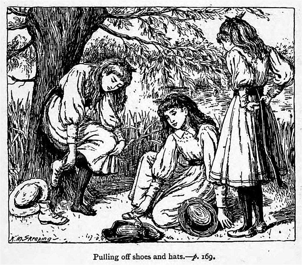 Illustrations by K. M. Skeaping for the Holiday Prize by E. D. Adams-pg-169-Pulling off shoes and hats