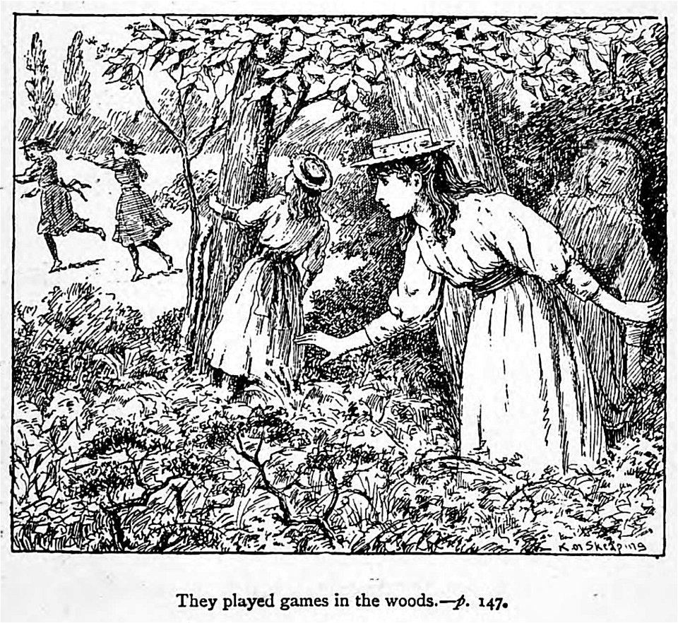 Illustrations by K. M. Skeaping for the Holiday Prize by E. D. Adams-pg-147-They played games in the wood. Free illustration for personal and commercial use.