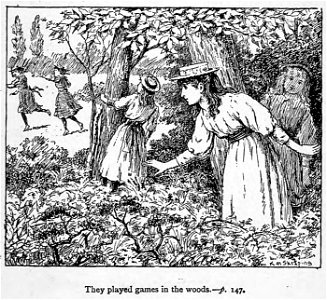 Illustrations by K. M. Skeaping for the Holiday Prize by E. D. Adams-pg-147-They played games in the wood
