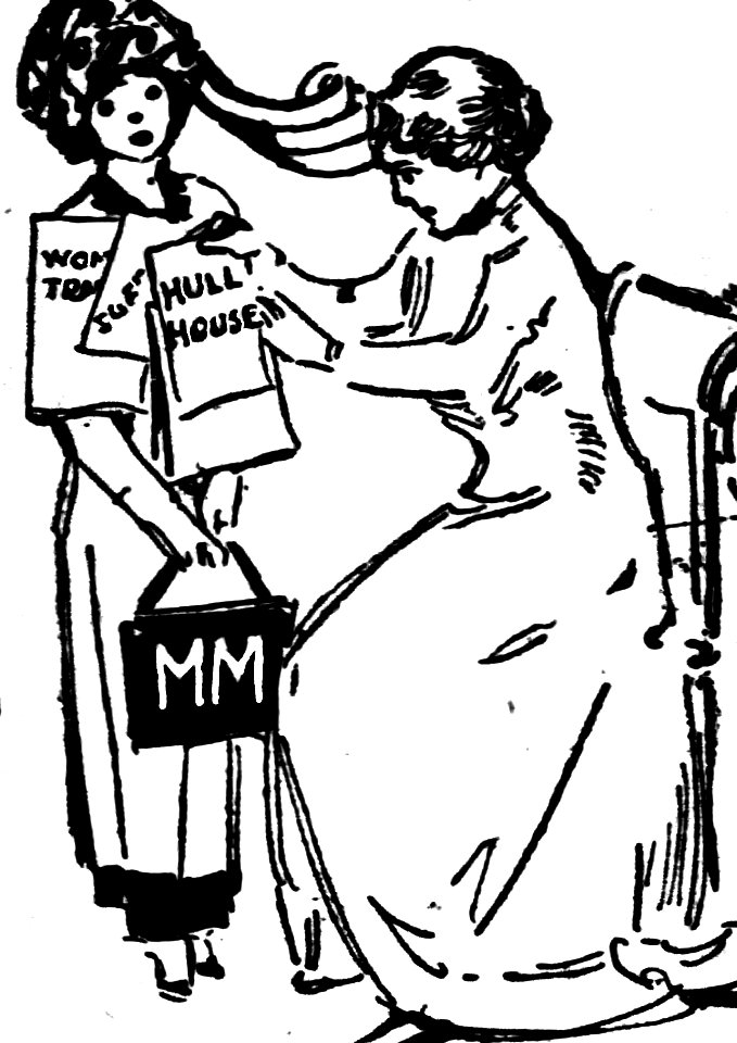 Imaginative 1910 sketch of Jane Addams giving a lanyard to Marguerite Martyn