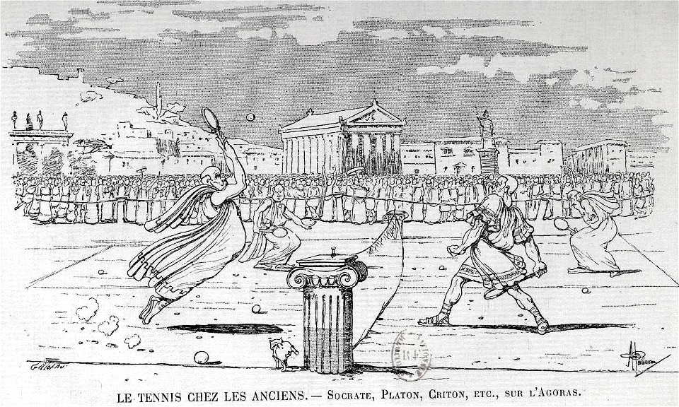 Image satirique du tennis chez les Anciens (1890)