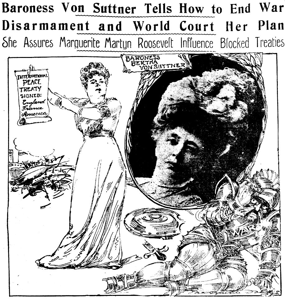Imaginative drawing by Marguerite Martyn and a photo of Bertha von Suttner, 1912
