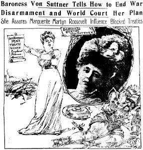 Imaginative drawing by Marguerite Martyn and a photo of Bertha von Suttner, 1912