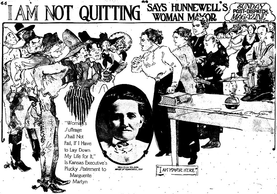 Imaginative drawing by Marguerite Martyn, and a photo, of Mayor Ella Wilson of Hunnewell, Kansas, her opponents and her supporters, 1911