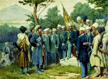 Imam Shamil surrendered to Count Baryatinsky on August 25, 1859 by Kivshenko, Alexei Danilovich. Free illustration for personal and commercial use.