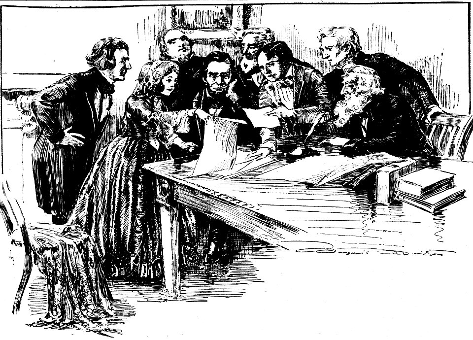 Imaginative drawing by Marguerite Martyn of Anna Ella Carroll and the Lincoln cabinet