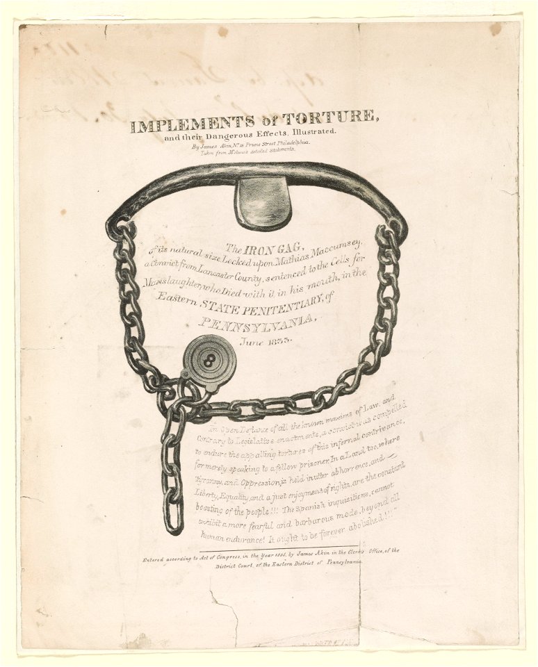 Implements of torture, and their dangerous effects. Illustrated - By James Akin, no. 18 Prune Street, Philadelphia. LCCN2002708978