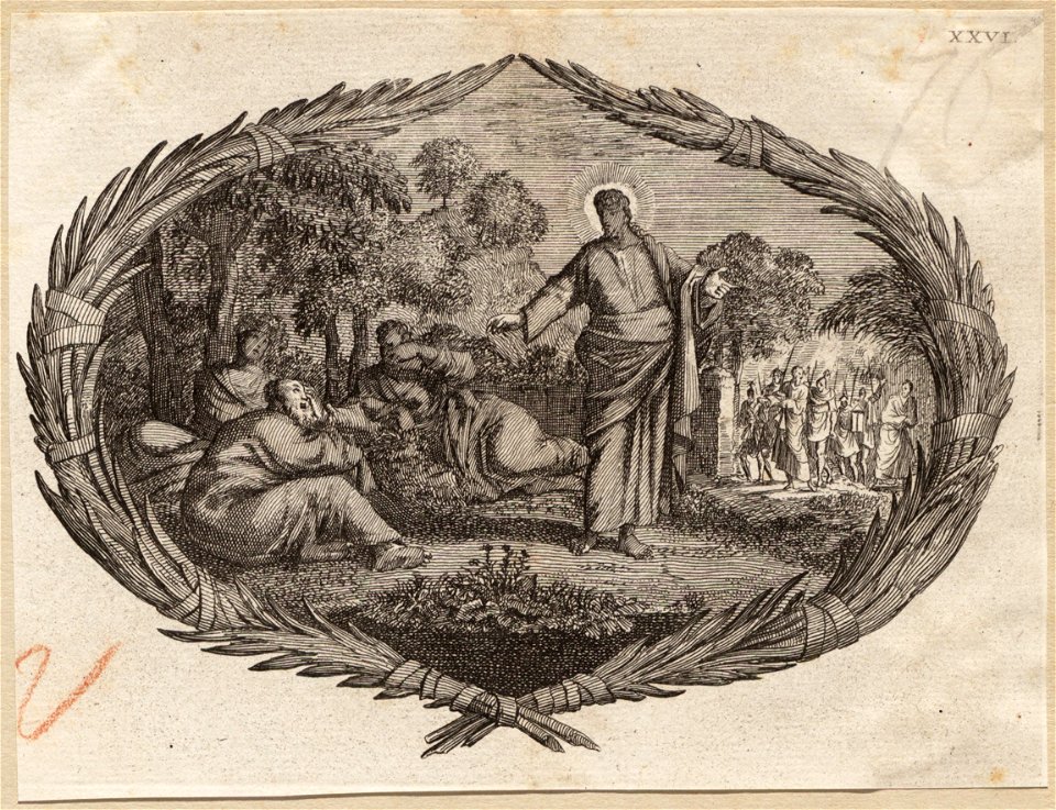 In Gethsemané spreekt Jezus tot zijn slapende discipelen terwijl de priesters naderen, objectnr A 48643