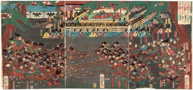 In Preparation to Conquer the Heike at Their Stronghold in Ichinotani, Lord Yoritomo Makes Noriyori and Yoshitsune the Leaders of Two Sides with Long and Short Spears and Observes Their Practice Maneuvers