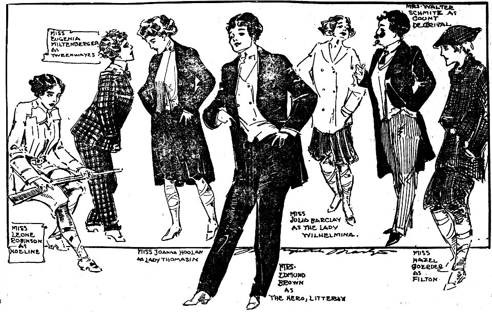 In sketch by Marguerite Martyn, College Club of St. Louis, Missouri, rehearses play with all parts done by women
