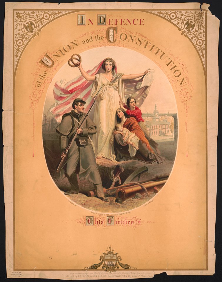 In defence of the Union and the Constitution - C. Schussele delt. ; on stone by Muringer ; printed in oil colors by P.S. Duval & Son, 22, South 5th St. Philada. LCCN2016645705