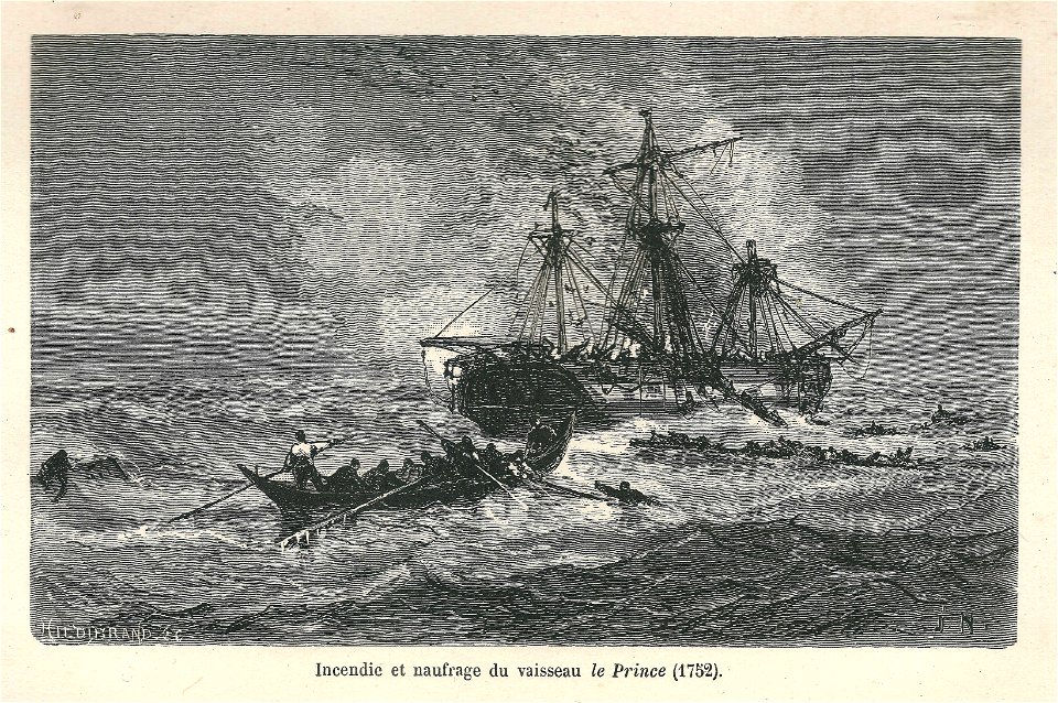 Incendie & naufrage du vaisseau Le Prince-1752-gravure