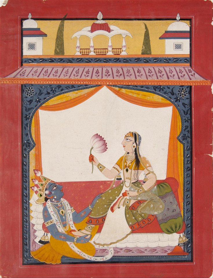 India, Punjab Hills, Mankot School - Krishna massaging the feet of Radha, a scene possibly from the Gita Govinda - Google Art Project