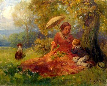 Imre Gergely Mutter und Kind rasten unter einem Baum. Free illustration for personal and commercial use.