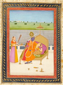 Indian School, late 18th century - Radha and Krishna sit on a riverside terrace. - RCIN 1005113.aa - Royal Collection