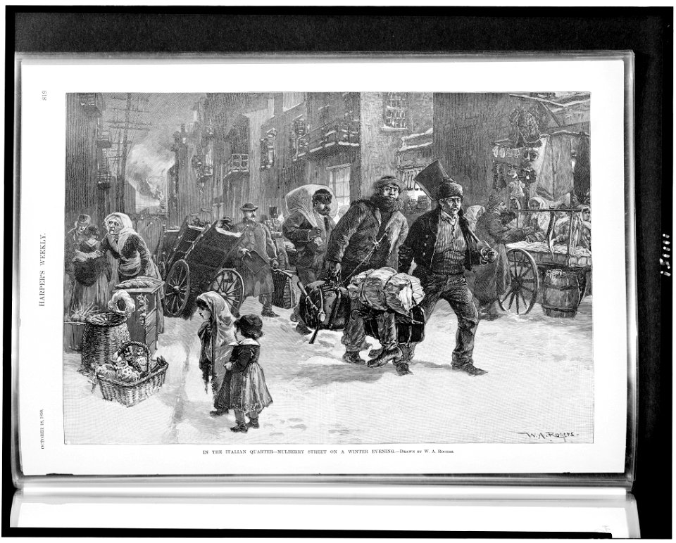 In the Italian quarter - Mulberry Street on a winter evening - drawn by W.A. Rogers. LCCN94507778