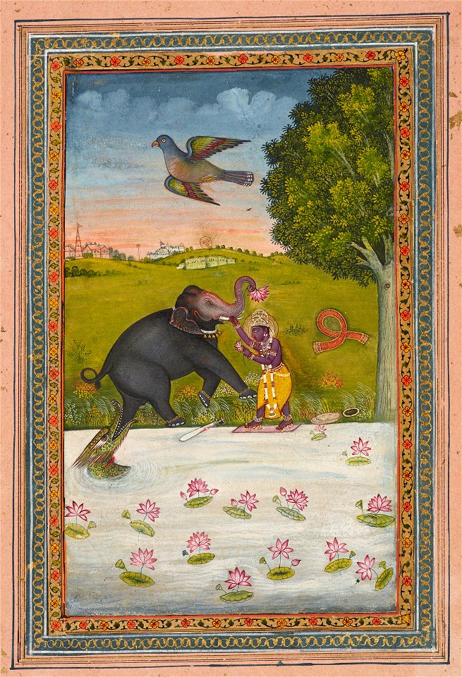 Indian School, late 18th century - Vishnu saves the elephant Gajendra from the clutches of the crocodile Makara. - RCIN 1005113.o - Royal Collection