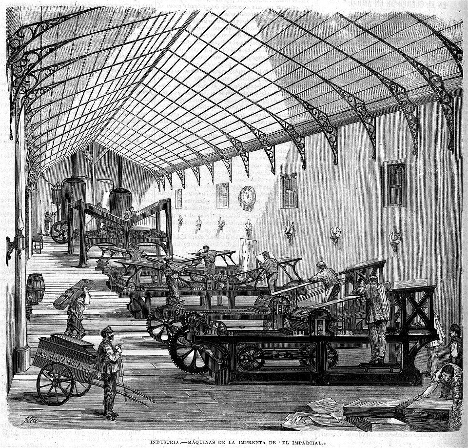 Industria - Máquinas de la imprenta de El Imparcial, en La Ilustración de Madrid