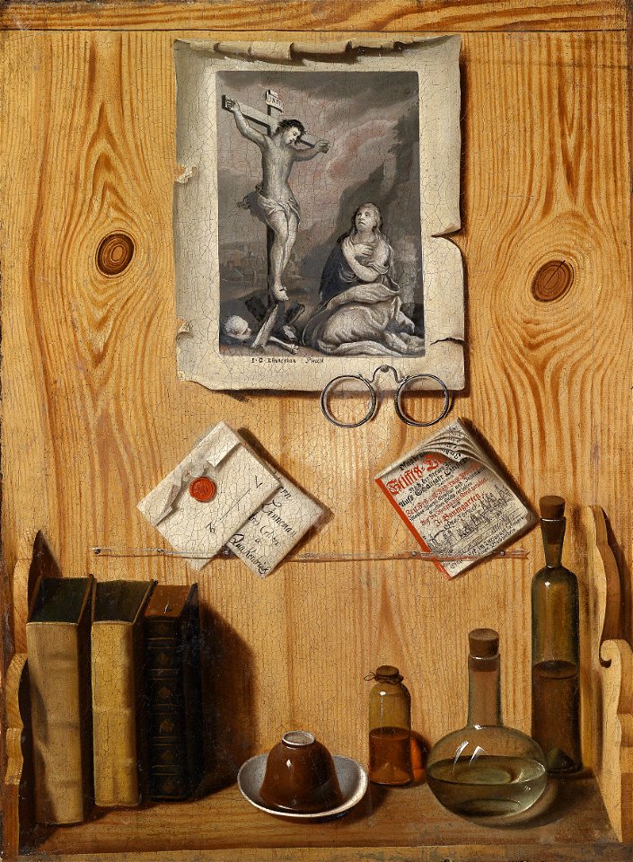 J. G. Linneman — Trompe-L'Oeil einer hölzernen Pinnwand mit einem Regal, an der Wand ein vom Künstler signiertes Aquatintablatt mit einer Kreuzigung...