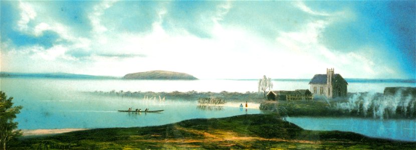J A Bond - Lakeside church and Mokoia Island, Ohinemutu, Lake Rotorua, c 1925. Free illustration for personal and commercial use.