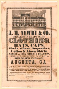 J.M. Newby & Co. dealers in ready made clothing, hats, caps, stocks, gloves, suspenders, cotton & linen shirts, merino & silk shirts & drawers, umbrellas, travelling trunks, capret (sic) LCCN2012649659