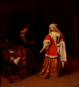J. Ochtervelt - Dame met bediende en hond - NK2084 - Cultural Heritage Agency of the Netherlands Art Collection