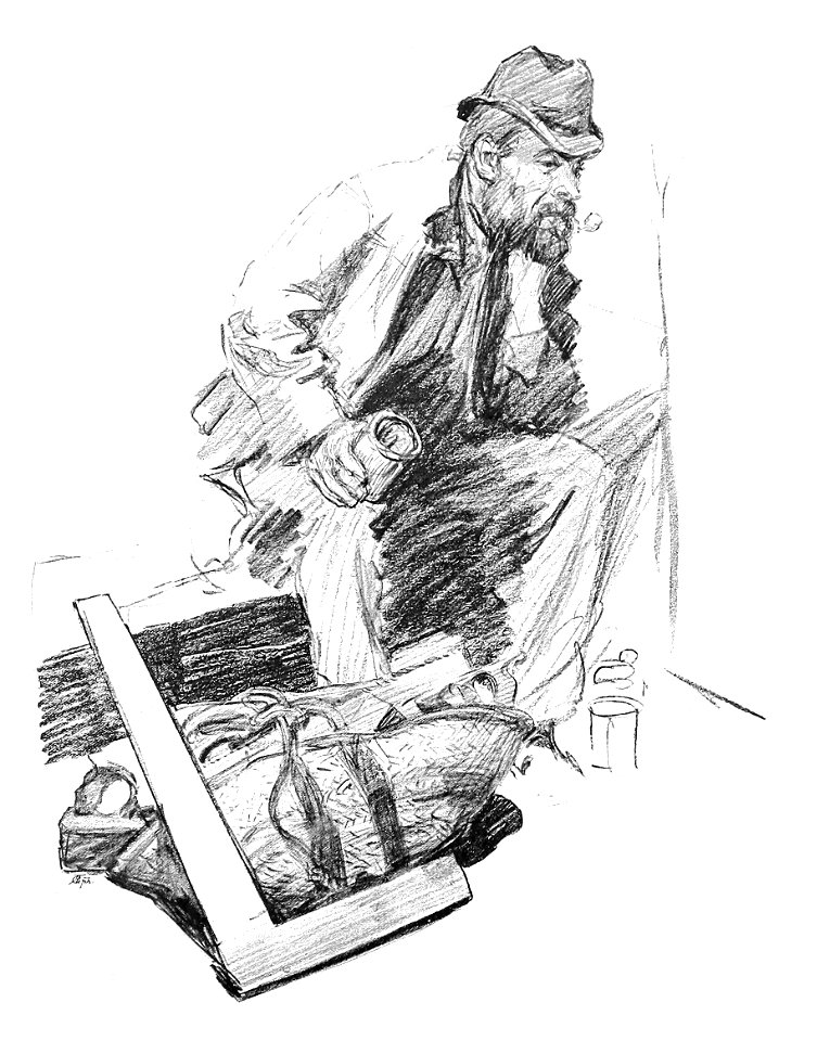 J. S. Eland - pencil drawing of man holding a can