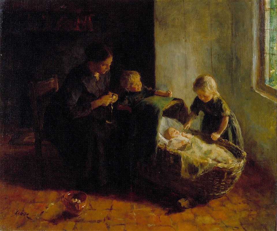 J.S.H. Kever - Vrouw met twee kinderen bij een wieg - AB9279 - Cultural Heritage Agency of the Netherlands Art Collection