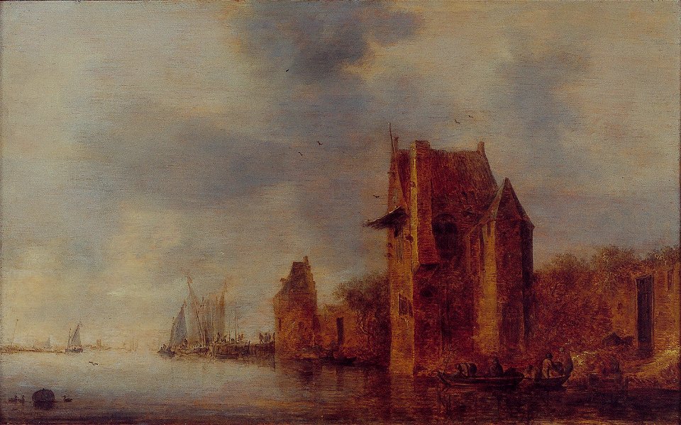 J.J. van Goyen - Een stadsmuur met twee torens aan een rivier - NK1816 - Cultural Heritage Agency of the Netherlands Art Collection