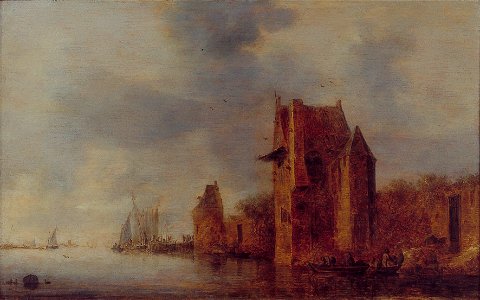 J.J. van Goyen - Een stadsmuur met twee torens aan een rivier - NK1816 - Cultural Heritage Agency of the Netherlands Art Collection. Free illustration for personal and commercial use.