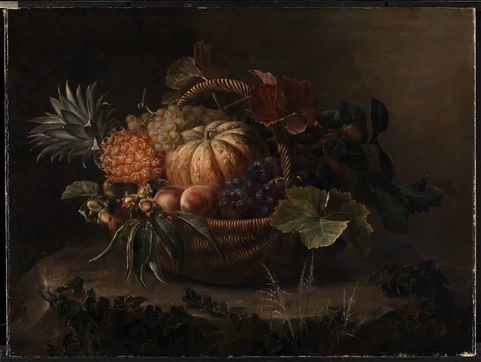 J.L. Jensen - En kurv med frugter på en træstub - KMS449 - Statens Museum for Kunst