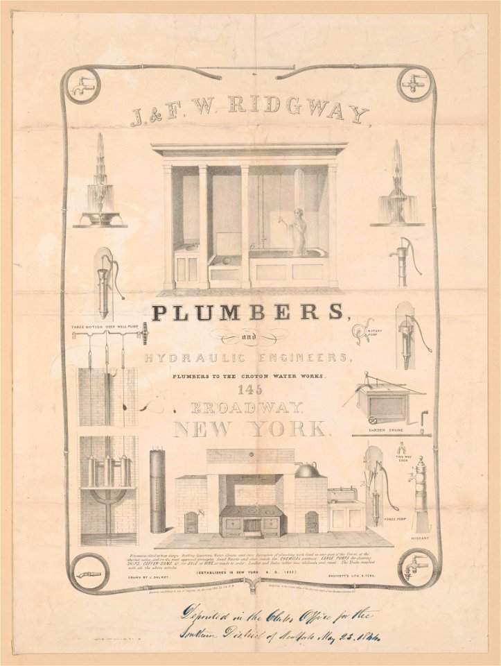J. & F.W. Ridgway, plumbers and hydraulic engineers, plumbers to the Croton Water Works, 145 Broadway, New York - drawn by J. Calwey ; Endicott's lith. N. York. LCCN89708522