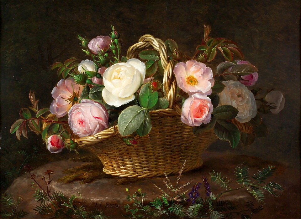 J.L. Jensen, Kurv med blomster på en sten, ca. 1843. Privateje
