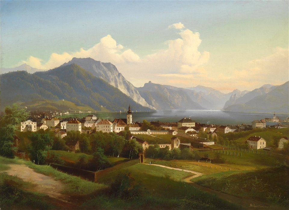 J Wilhelm Jankowsky Blick auf Gmunden mit Schloss Orth 1860