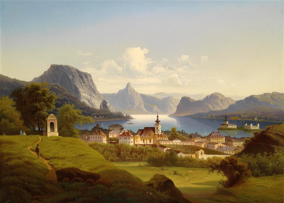 J Wilhelm Jankowsky Blick auf Gmunden mit Schloss Orth