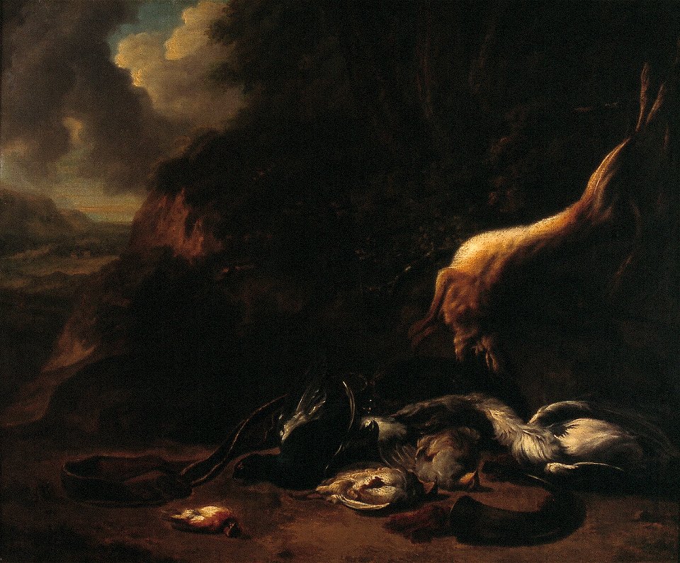 J. Weenix - Dood wild en jachtgerei in een landschap - NK2922 - Cultural Heritage Agency of the Netherlands Art Collection