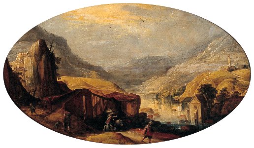 J. II de Momper - Riviervallei met reizigers - NK2493 - Cultural Heritage Agency of the Netherlands Art Collection