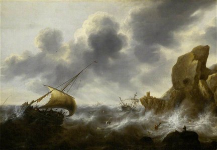 Jacob Adriaensz. Bellevois (c.1621-1676) - A Fishing Boat off a Rocky Coast in a Storm with a Wreck - BHC0837 - Royal Museums Greenwich