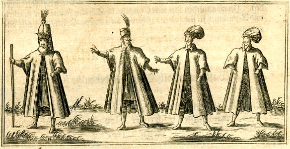 Jacob Breuning and his companion Carlier de Pinon in Ottoman costumes at Tripoli, Lebanon Also depicted their escorts, a - Breuning Von Buchenbach Hans Jacob - 1612