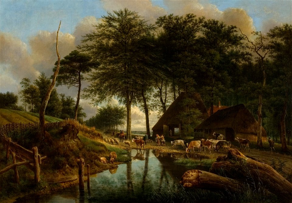 J.A. Knip - Koeien en schapen aan een drinkplaats bij een boerderij - NK1956 - Cultural Heritage Agency of the Netherlands Art Collection