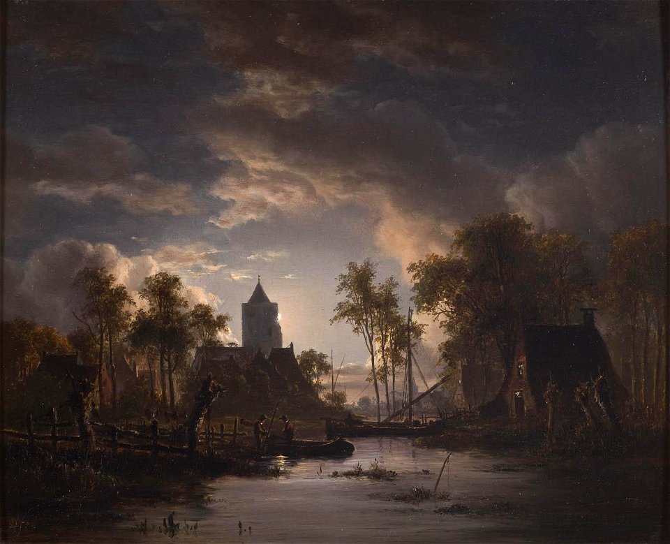 Jacob Abels - Riviergezicht met kerktoren en maneschijn
