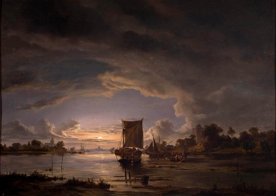 Jacob Abels - Weids rivierlandschap met zeilboot