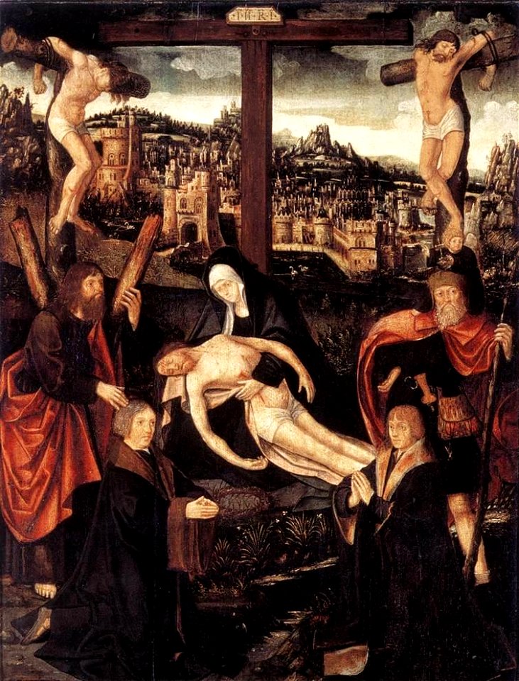 Jacob Cornelisz. van Oostsanen - Crucifixion with Donors and Saints - WGA05262