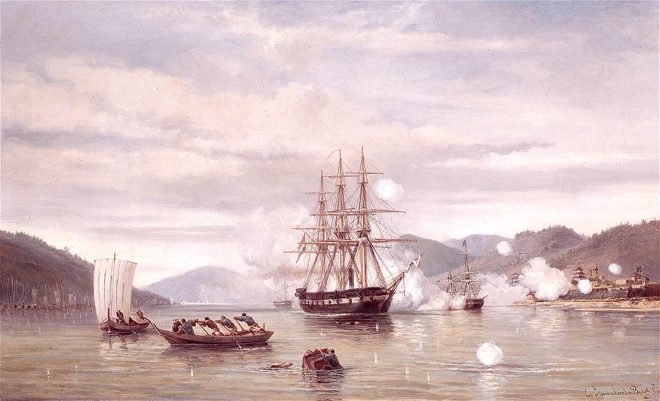 Jacob Eduard van Heemskerck van Beest - ZM Stoomschip 'Medusa' forceert de doorgang door de Straat van Simonoseki tussen Kioe-Sjioe en Hondo (Japan)