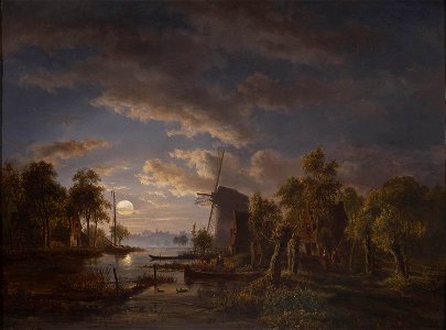 Jacob Abels - Rivier en molen in maneschijn
