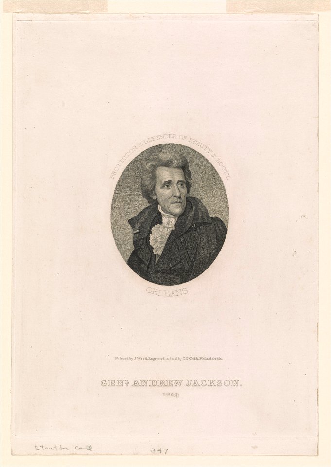 Genl. Andrew Jackson, 1828. Protector & defender of beauty & booty, Orleans - painted by J. Wood ; engraved on steel by C.G. Childs, Philadelphia. LCCN2003656574