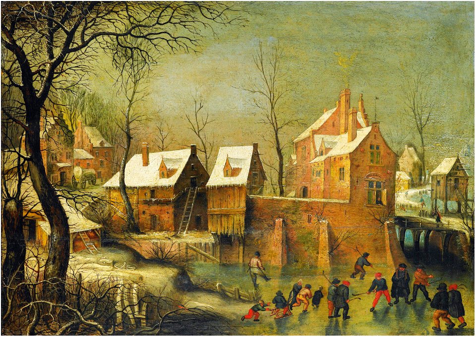 Jacob Grimmer - Townscape with skaters on a frozen river