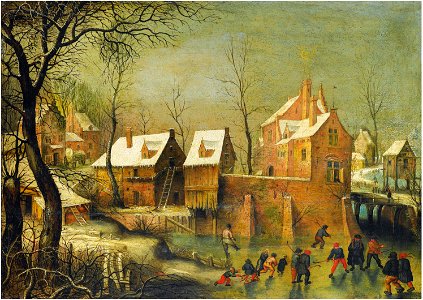 Jacob Grimmer - Townscape with skaters on a frozen river